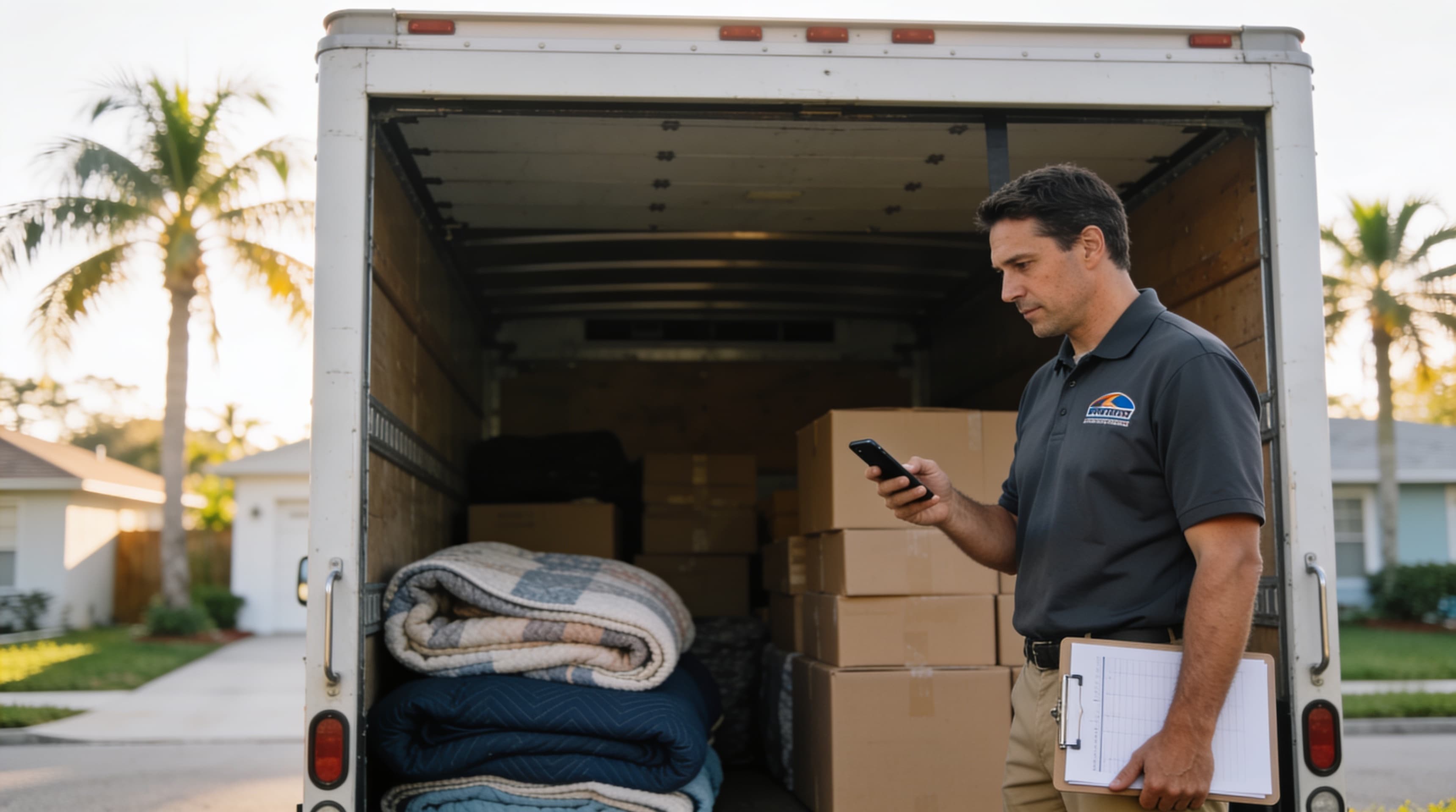 A moving company owner checking their phone at the tail of a loaded box truck
