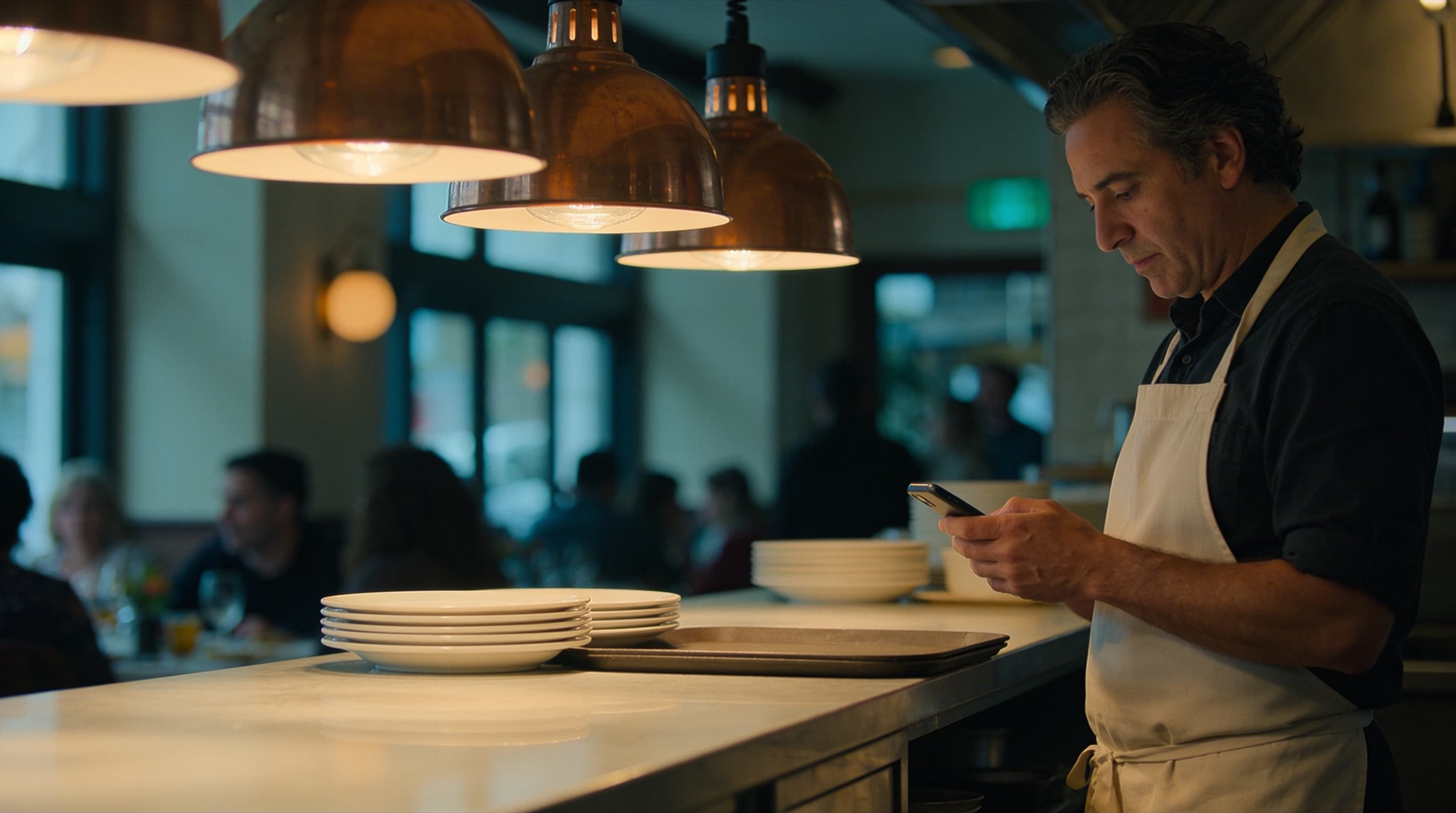 A restaurant owner in an apron checking their phone at the pass during evening service