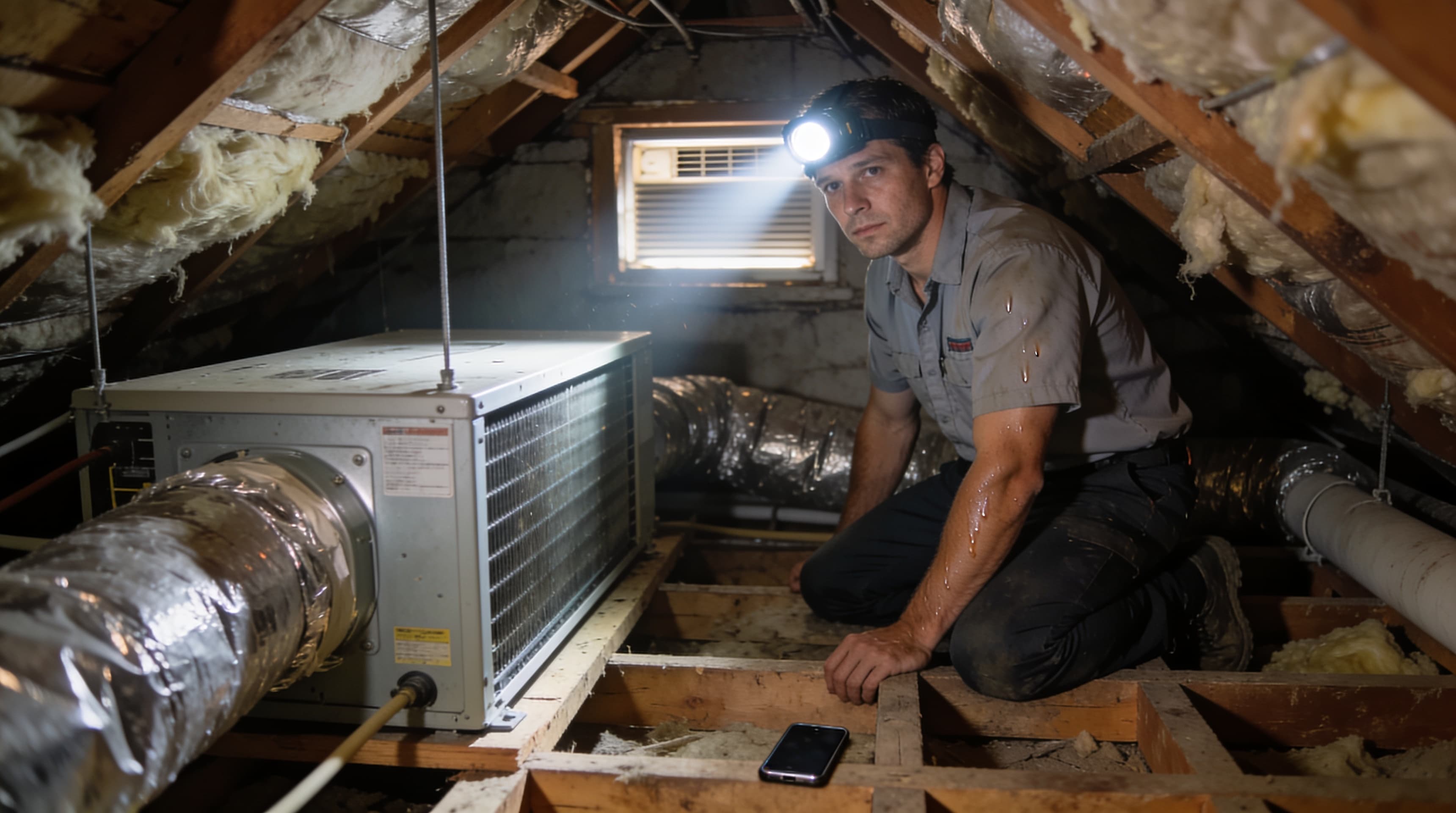 An HVAC technician working on an air handler in a cramped, hot attic