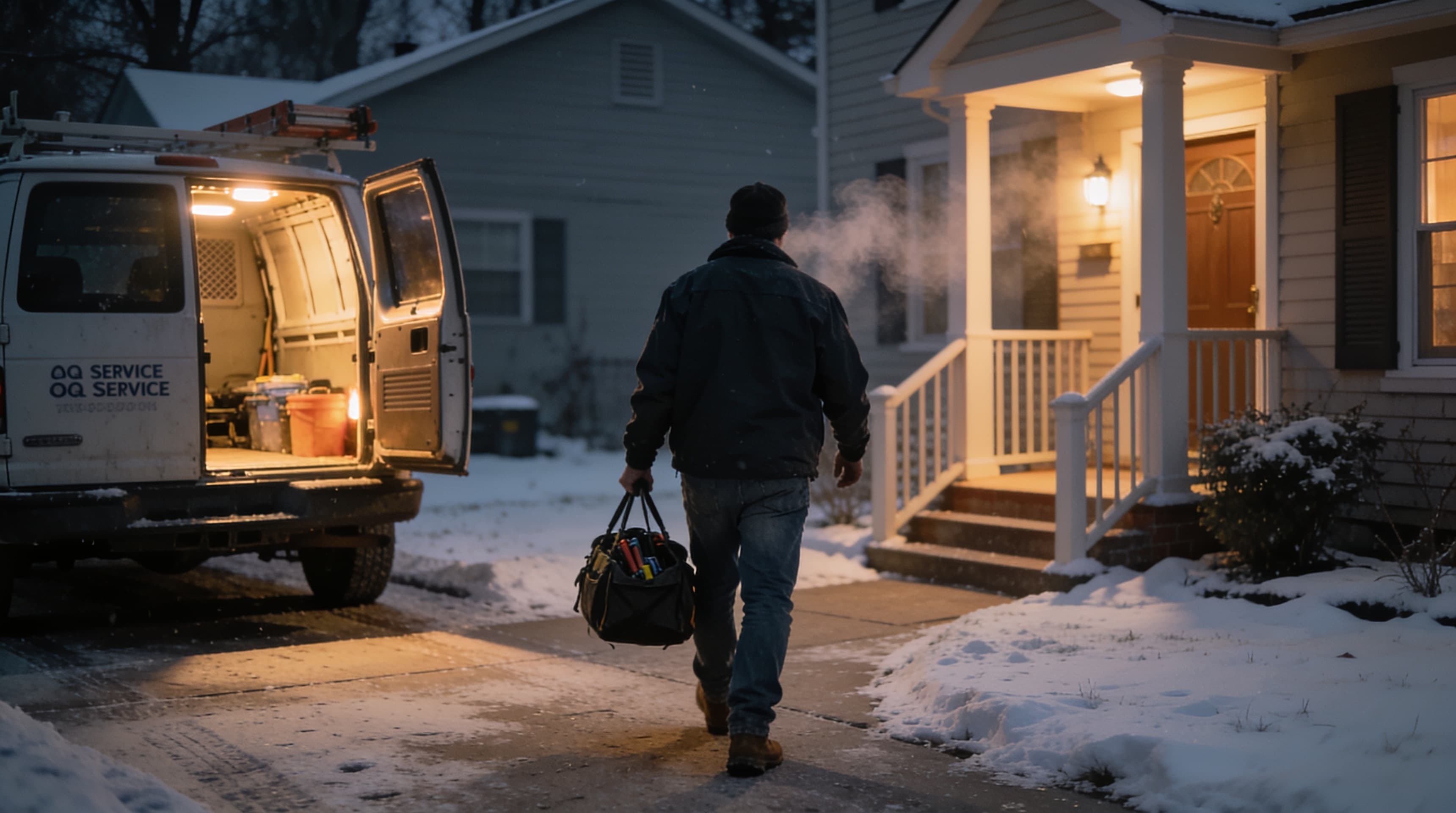 An HVAC van on a driveway at night, technician walking to a lit front door