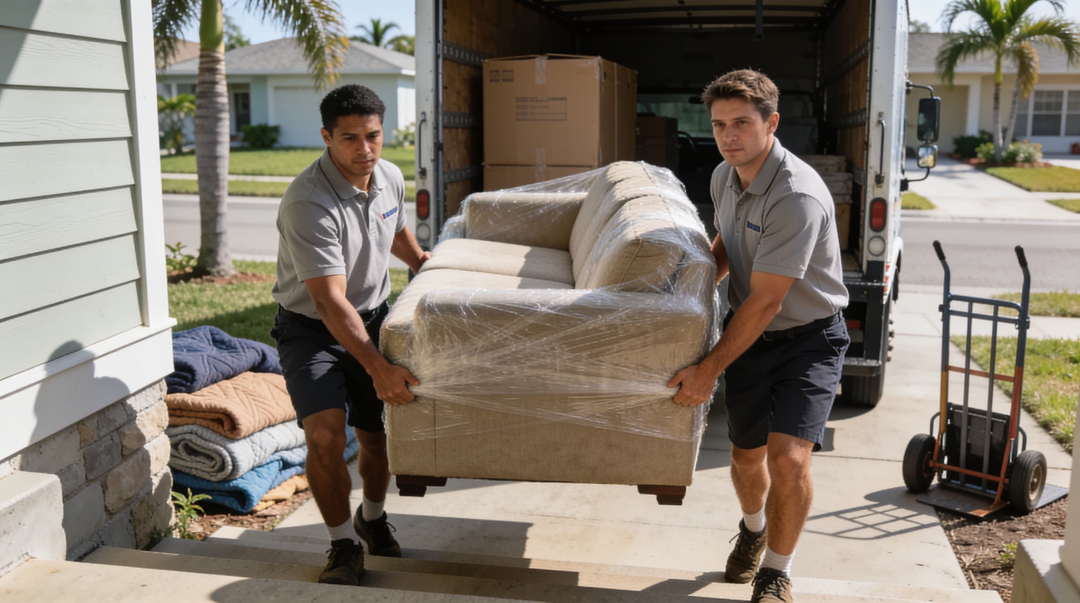 Two movers carrying a wrapped sofa from a house toward a box truck